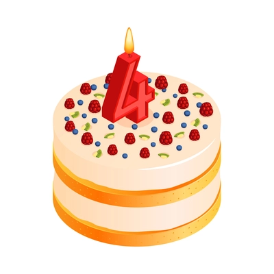 Birthday cake composition with isolated image of sweet cake for anniversary with cream toppings and digit shaped candle isometric vector illustration