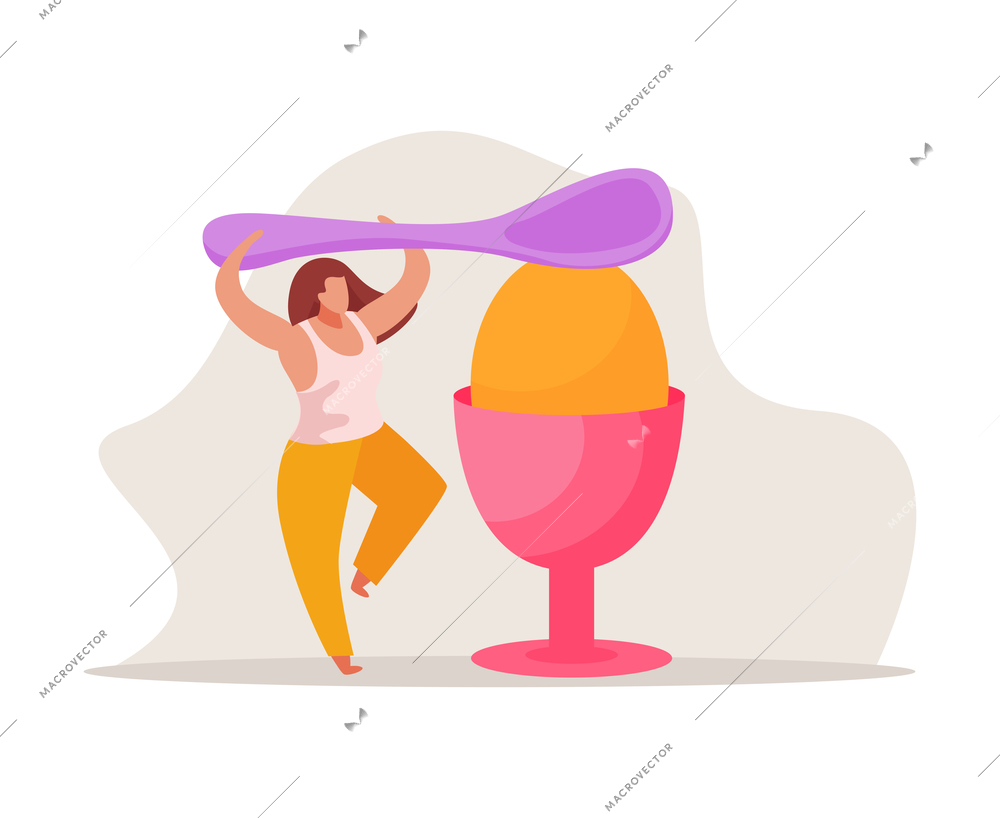 Morning people flat composition with character of woman holding spoon and egg on stand vector illustration