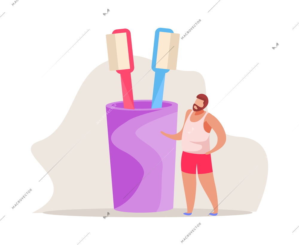 Morning people flat composition with bearded man character and two toothbrushes in glass vector illustration