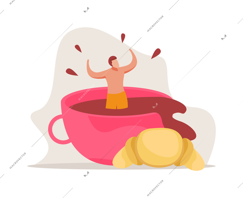 Morning people flat composition with images of croissant and man floating inside cup of coffee vector illustration