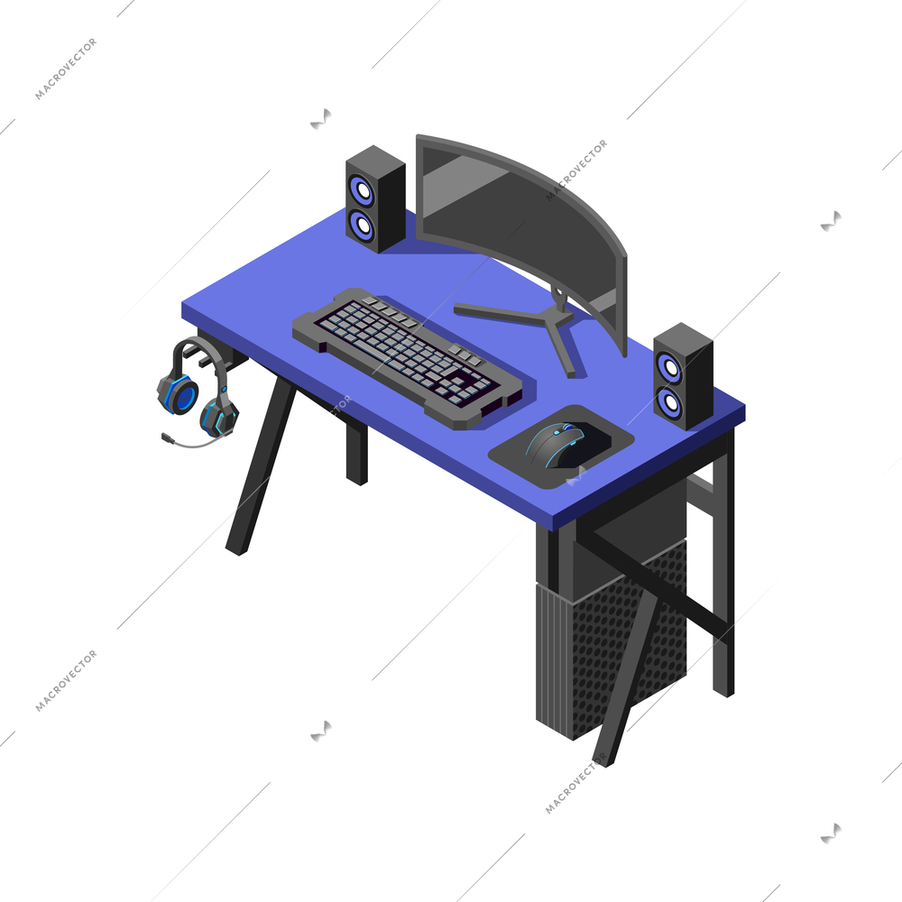 Cybersport isometric composition with isolated image of gaming computer on table vector illustration