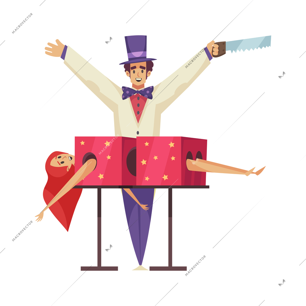 Circus composition with isolated male character of magician with female assistant vector illustration