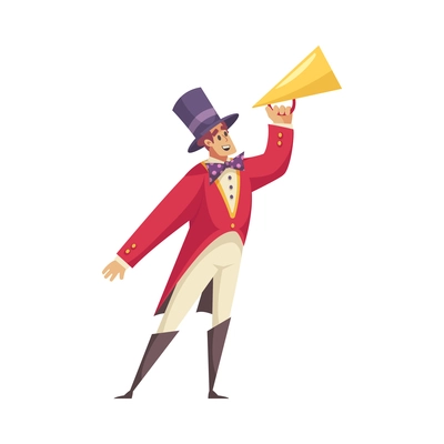 Circus composition with isolated male character of barker in hat with golden megaphone vector illustration