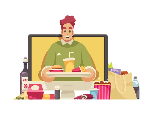 Video blogger composition with desktop computer and character of fast food male blogger with meal vector illustration