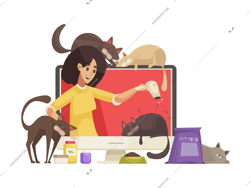 Video blogger composition with desktop computer and character of cat grooming female blogger with cats vector illustration