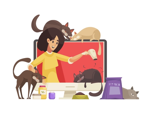 Video blogger composition with desktop computer and character of cat grooming female blogger with cats vector illustration