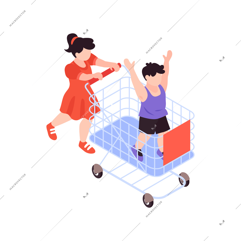 Isometric kids online shopping composition with smartphone and happy kids with trolley cart vector illustration