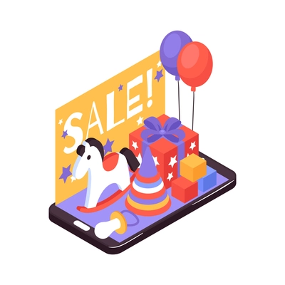 Isometric kids online shopping composition with pile of toys on top of smartphone screen vector illustration