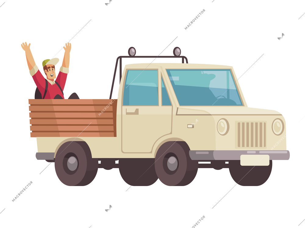 Hitchhiking autostop composition with doodle style character of traveling man inside truck body vector illustration