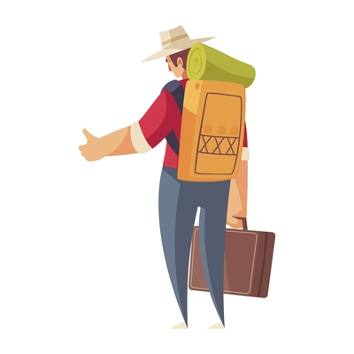 Hitchhiking autostop composition with doodle style character of traveling man with backpack vector illustration