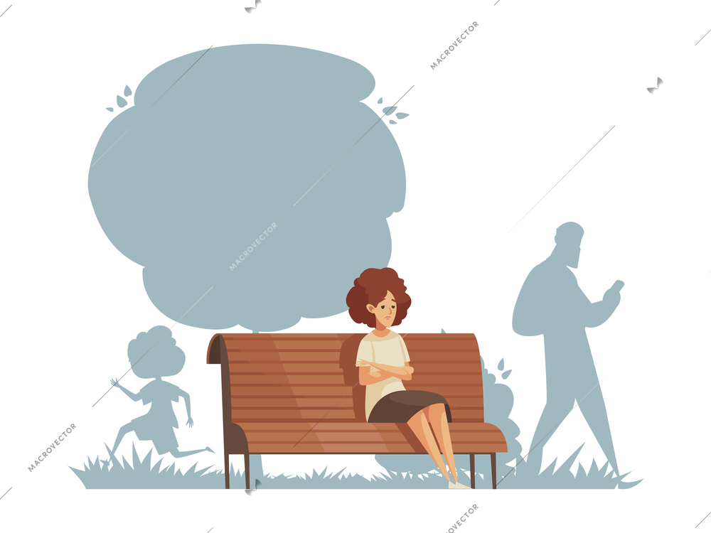 Lonely composition with character of young boy sitting on park bench alone with silhouettes of people vector illustration