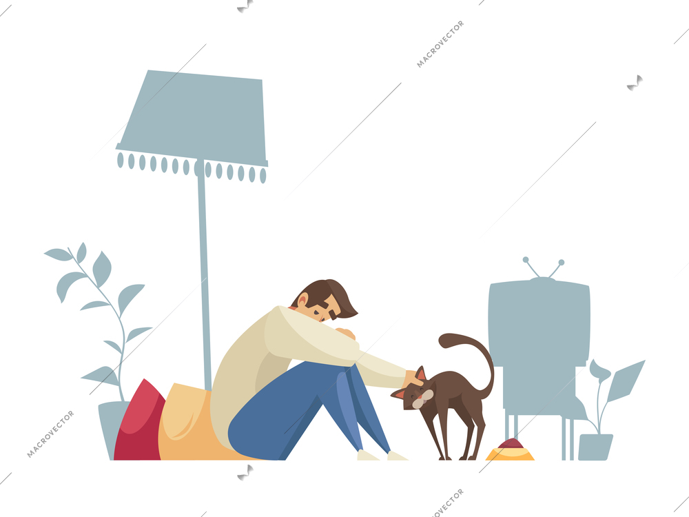 Lonely composition with character of man sitting alone at home with cat and pillows vector illustration