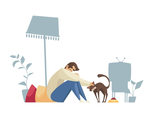 Lonely composition with character of man sitting alone at home with cat and pillows vector illustration