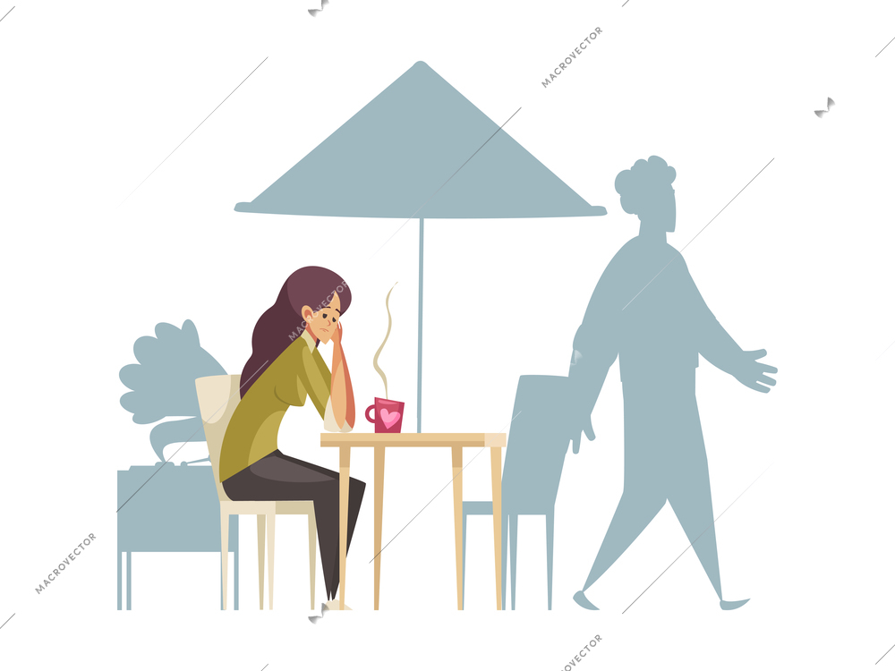 Lonely composition with character of young girl sitting at cafe table drinking coffee alone with silhouettes of people vector illustration