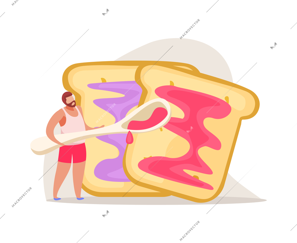 Morning people flat composition with male character holding spoon applying jam to toasted slices of bread vector illustration