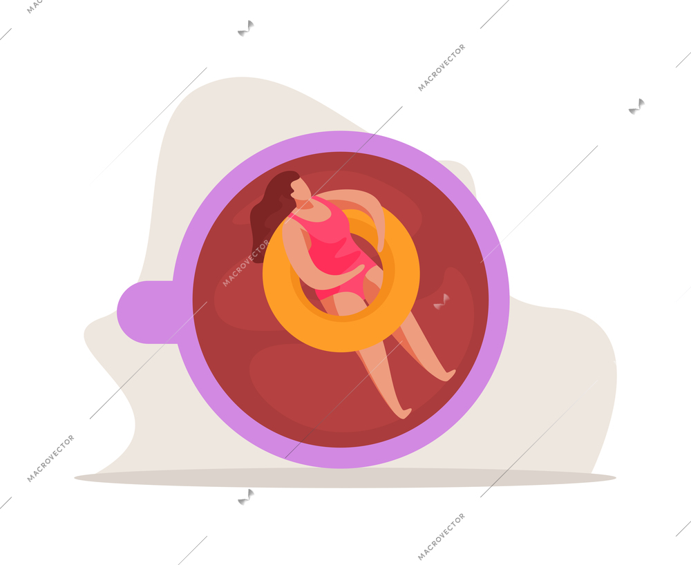 Morning people flat composition with female character floating on inflatable tube inside coffee cup vector illustration