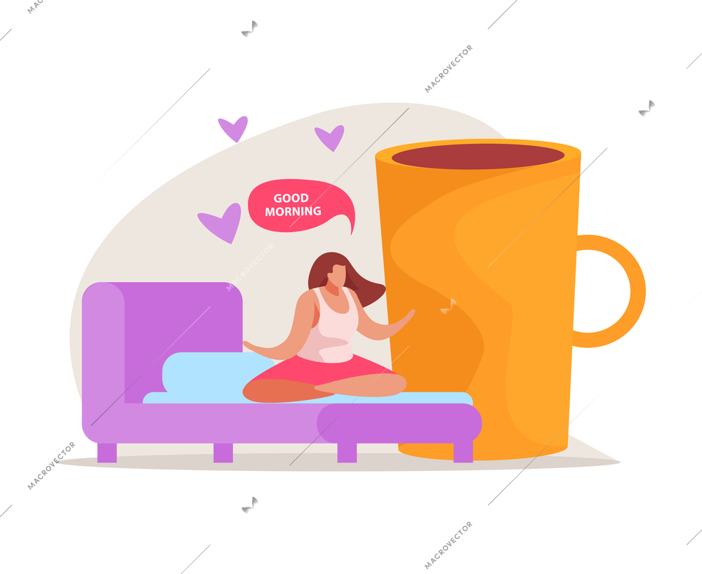 Morning people flat composition with female character of awaken woman on bed with cup of coffee vector illustration