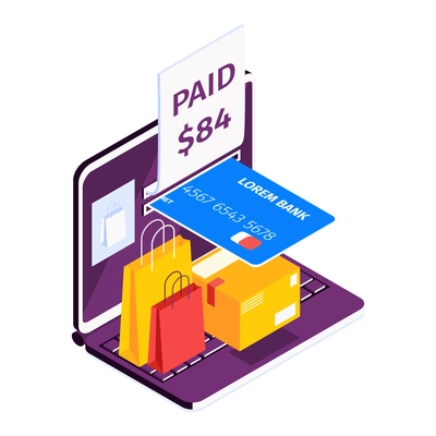 Isometric online mobile bank composition with icons of laptop shopping bags and payment card vector illustration