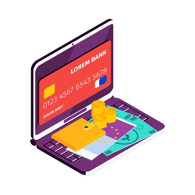 Isometric online mobile bank composition with icons of laptop exchange and payment methods vector illustration