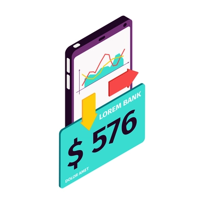 Isometric online mobile bank composition with icons of smartphone stock charts and infographic arrows vector illustration