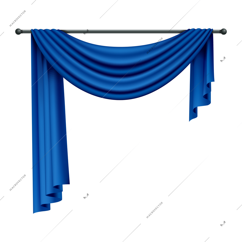 Realistic blue curtains composition with isolated image of luxury curtain hanging on rail vector illustration