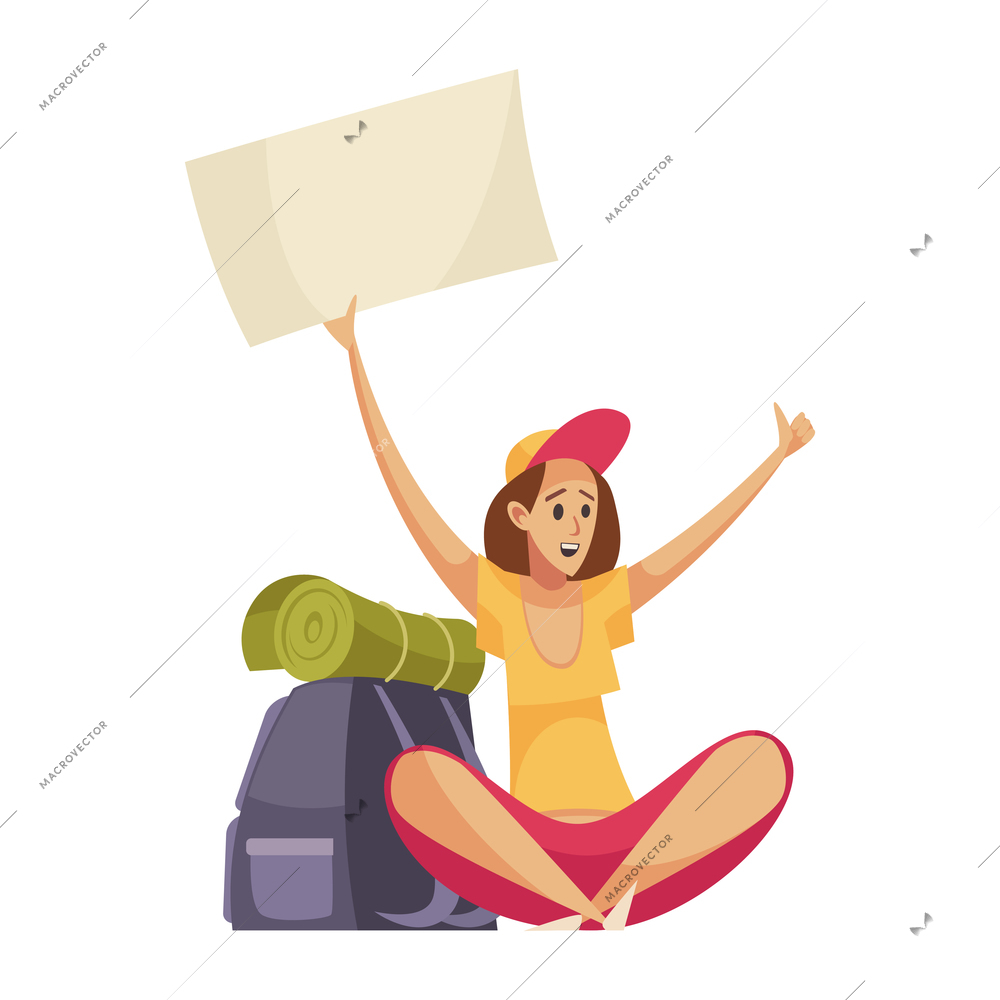 Hitchhiking autostop composition with doodle style character of traveling woman with backpack vector illustration