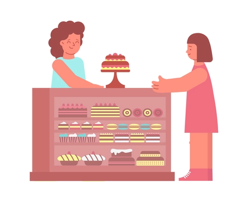 Culinary people composition with isolated view of shop counter with display and shop assistant selling cake to client vector illustration