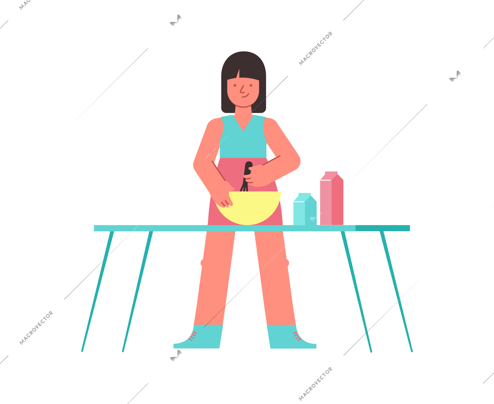 Culinary people composition with isolated female character of home cook with table and kitchen utensils vector illustration