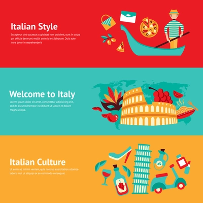 Italy banner set with italian style culture isolated vector illustration