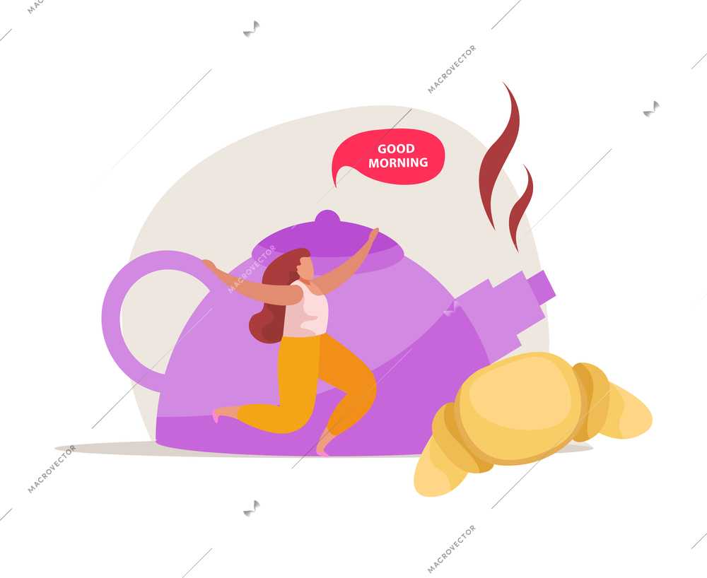 Morning people flat composition with happy woman and images of teapot and croissant with text in thought bubble vector illustration