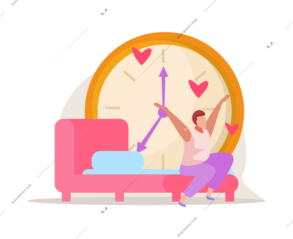 Morning people flat composition with character of man raising hands on bed with hearts and clock vector illustration