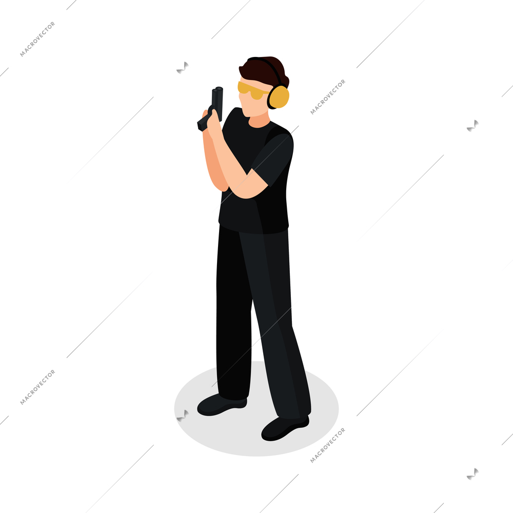 Special agent spy isometric composition with isolated human character in black costume holding pistol vector illustration