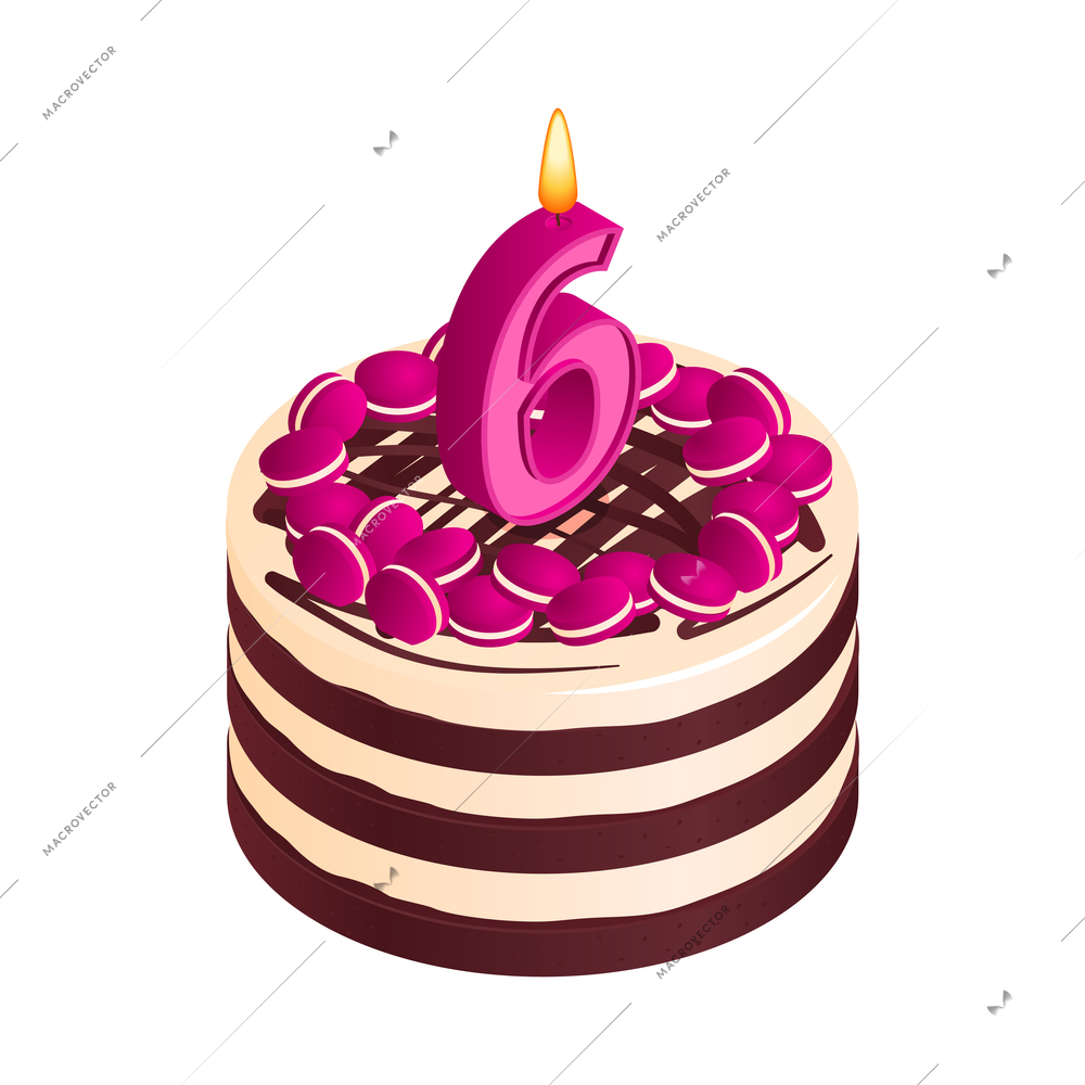 Birthday cake composition with isolated image of sweet cake for anniversary with cream toppings and digit shaped candle isometric vector illustration