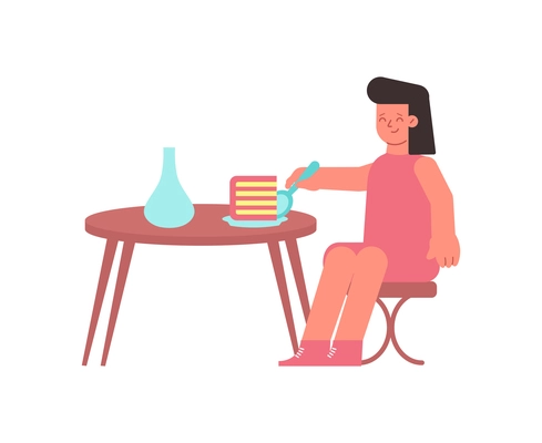 Culinary people composition with isolated image of girl sitting at table eating piece of cake vector illustration