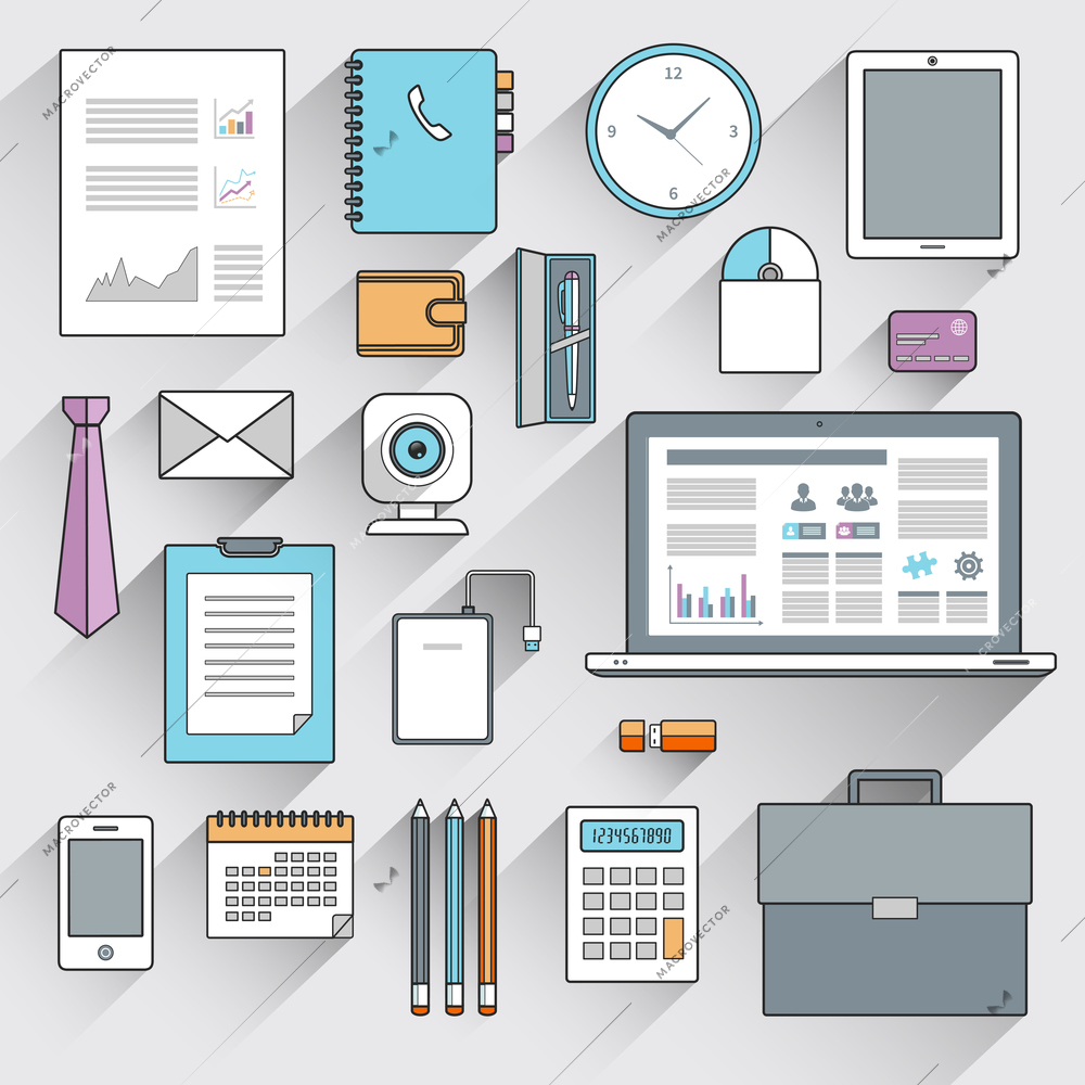 Business items and mobile devices flat line icons set isolated vector illustration