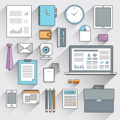 Business items and mobile devices flat line icons set isolated vector illustration