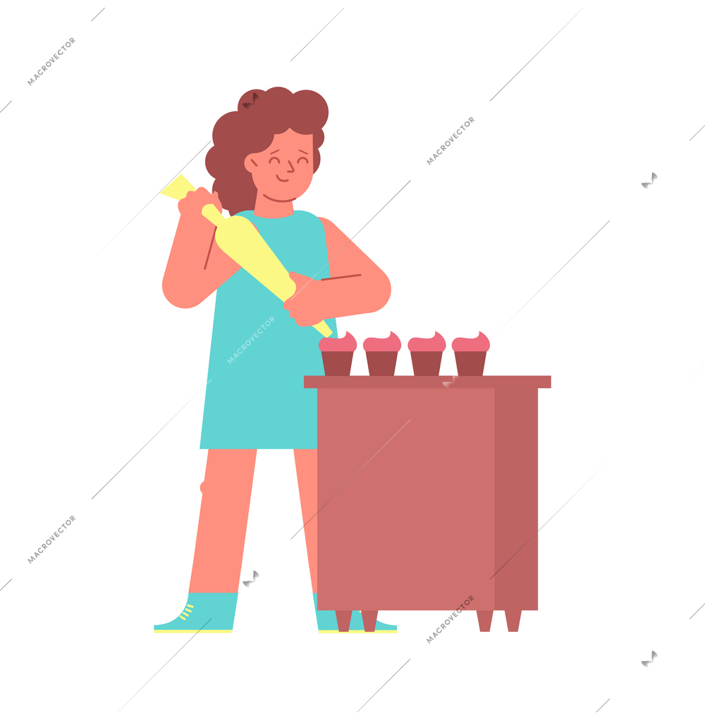 Culinary people composition with isolated image of table with cupcakes and woman applying cream vector illustration