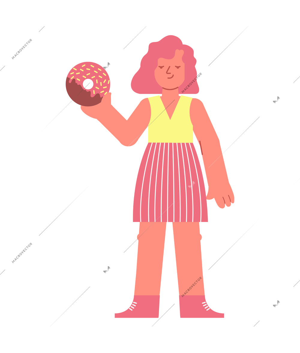 Culinary people composition with isolated character of happy girl holding donut with chocolate topping vector illustration