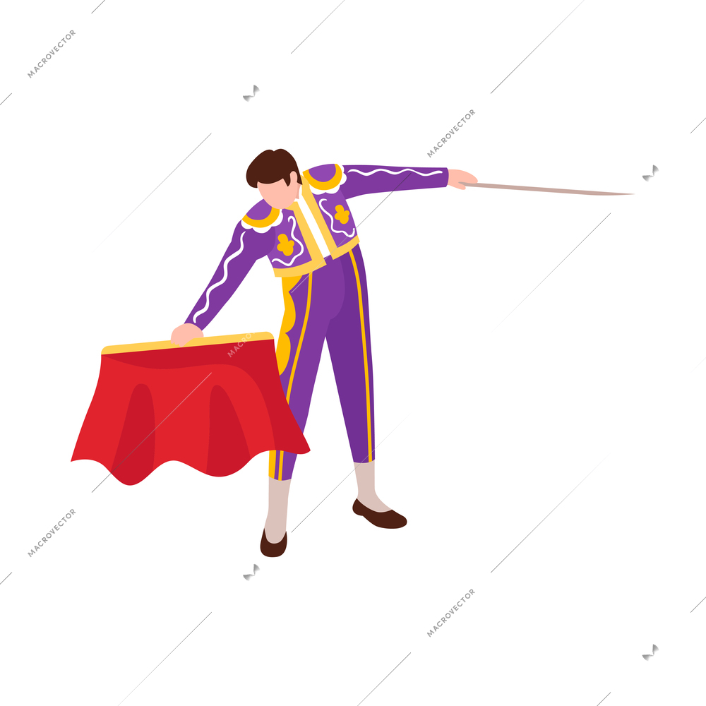 Isometric bullfight composition with isolated character of bullfighter with cloth and stick vector illustration