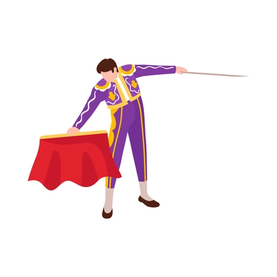 Isometric bullfight composition with isolated character of bullfighter with cloth and stick vector illustration