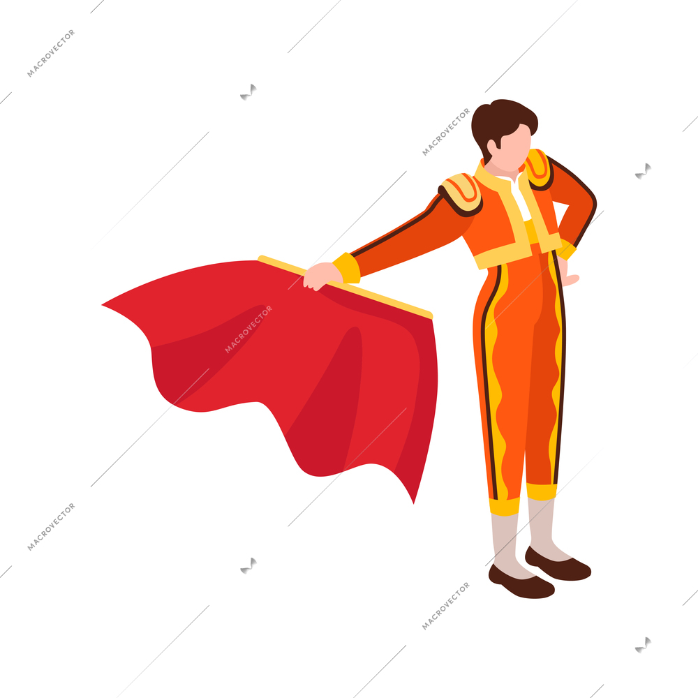 Isometric bullfight composition with isolated character of bullfighter in traditional suit vector illustration