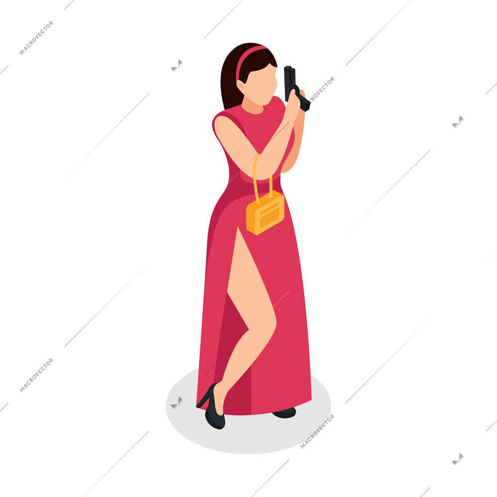 Special agent spy isometric composition with isolated human character of lady in dress with golden bag and pistol gun vector illustration