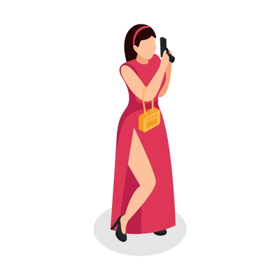 Special agent spy isometric composition with isolated human character of lady in dress with golden bag and pistol gun vector illustration