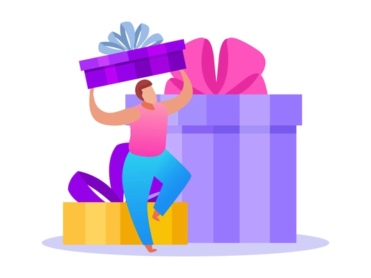 People with gifts composition with flat icons of colorful gift boxes with ribbons and small human characters vector illustration