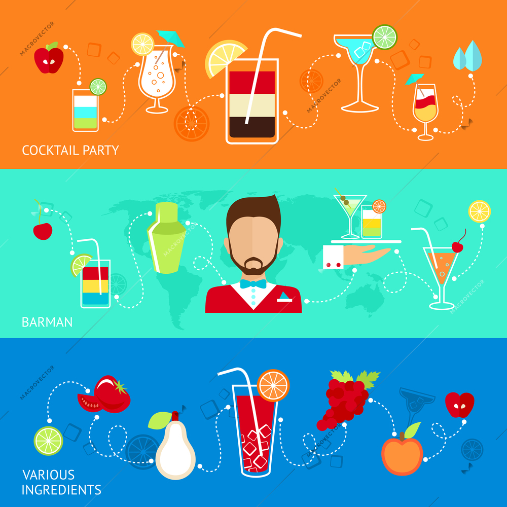 Cocktails flat banners set with party barman various ingredients isolated vector illustration.