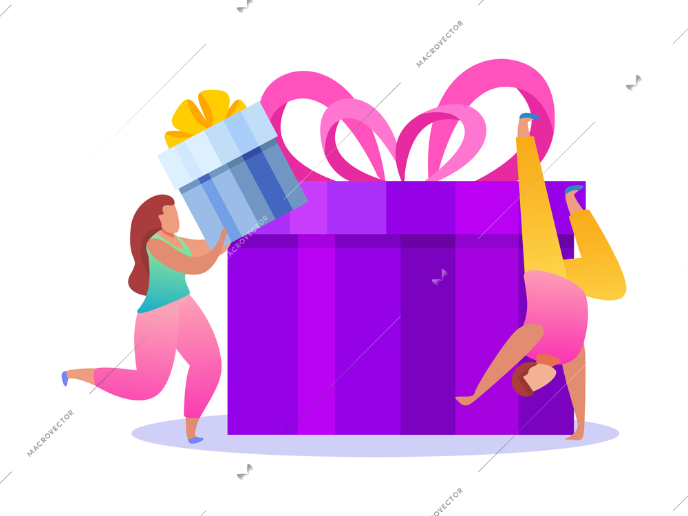 People with gifts composition with flat icons of colorful gift boxes with ribbons and small human characters vector illustration