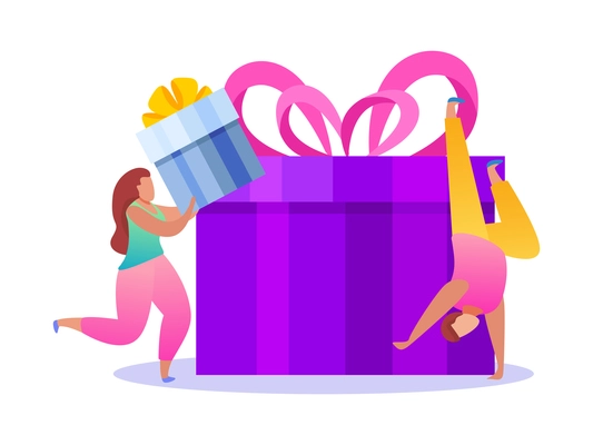 People with gifts composition with flat icons of colorful gift boxes with ribbons and small human characters vector illustration