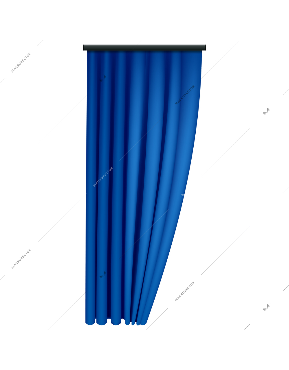 Realistic blue curtains composition with isolated image of luxury curtain hanging on rail vector illustration
