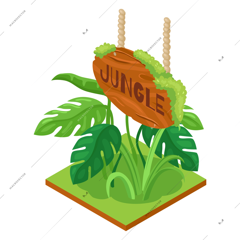 Isometric jungle composition with square piece of terrain and exotic plant with wooden signboard vector illustration