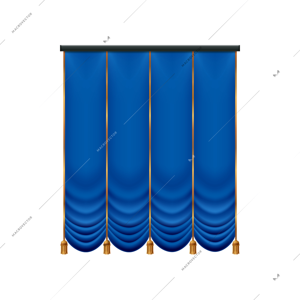 Realistic blue curtains composition with isolated image of luxury curtain with golden tie vector illustration